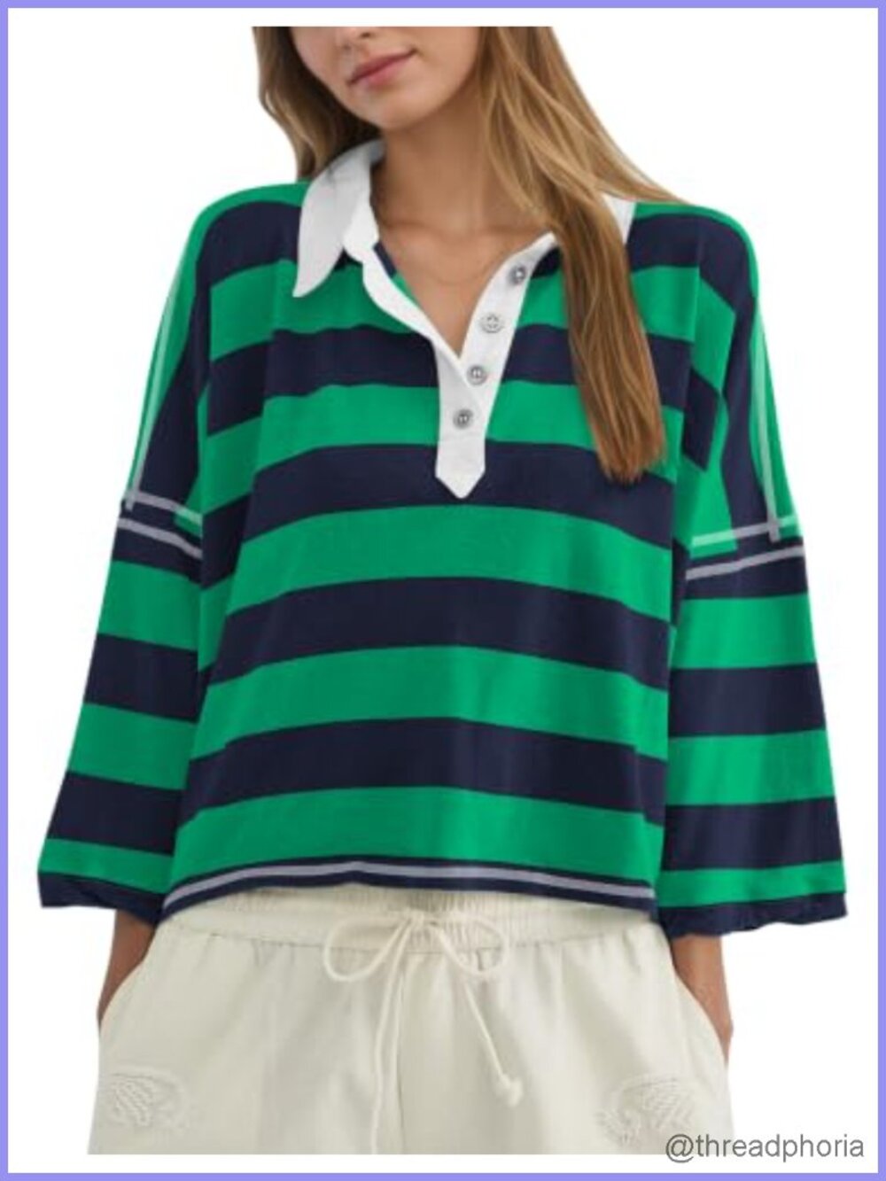 Oversized Striped 3/4 Sleeve Polo Shirt Cropped Boxy Tee Women's Casual Top